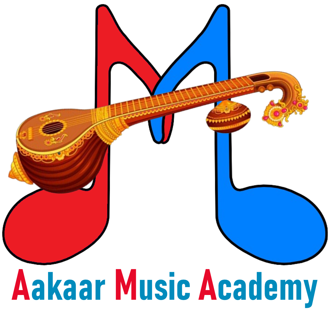 Aakaar Music Academy logo featuring a stylized red and blue musical note with a veena placed across it, and the academy name written below.